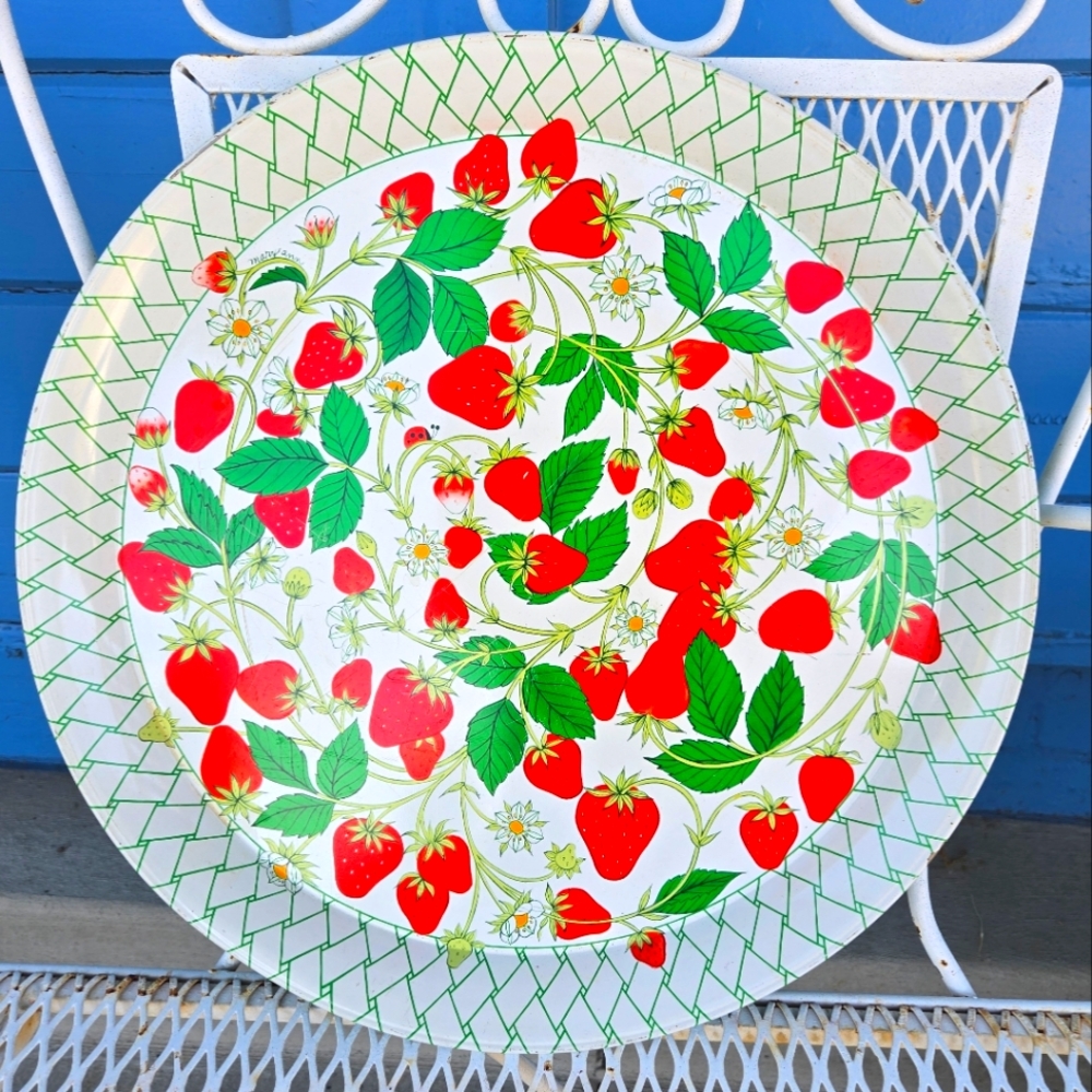Vintage Strawberry Pattern Decorative Metal Tray 80s Hallmark